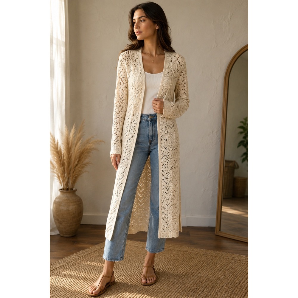 Freshman 1996 Cream Crochet Knit Duster Cardigan Longline Open Front  Small